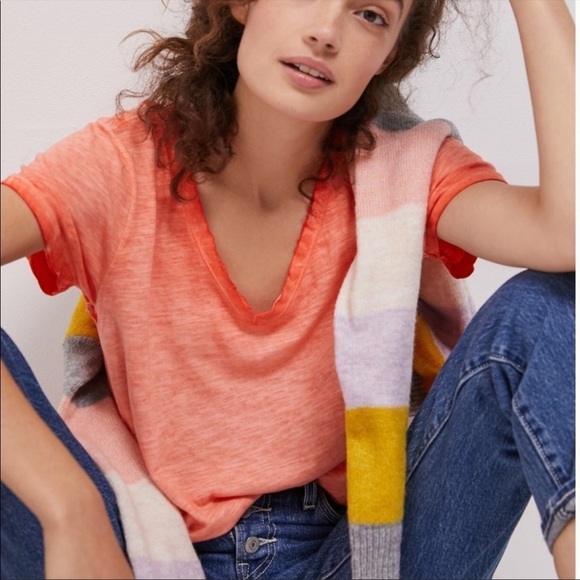 Nwt Anthropologie Maeve Arista Washed Tee Summer Top Orange Coral Cotton v-neck - Picture 3 of 5